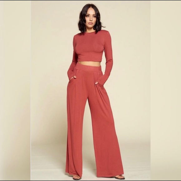 Pants - Palazzo High Waisted Wide Leg Pants with Long Sleeve Crop Top